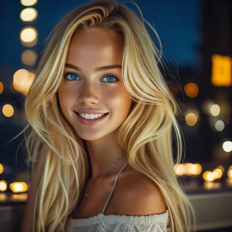 summer6, beautiful blonde, at night, city, night dress, city lights, realistic, photography, selfie, smile