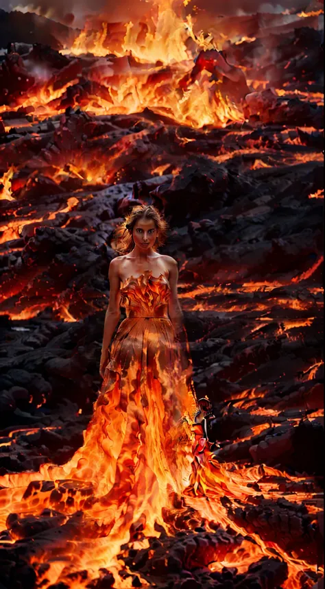 a woman in a skirt stands in a lava field, clothes made of fire, fire dress, lava dress display, lava and fire goddess, with fie...