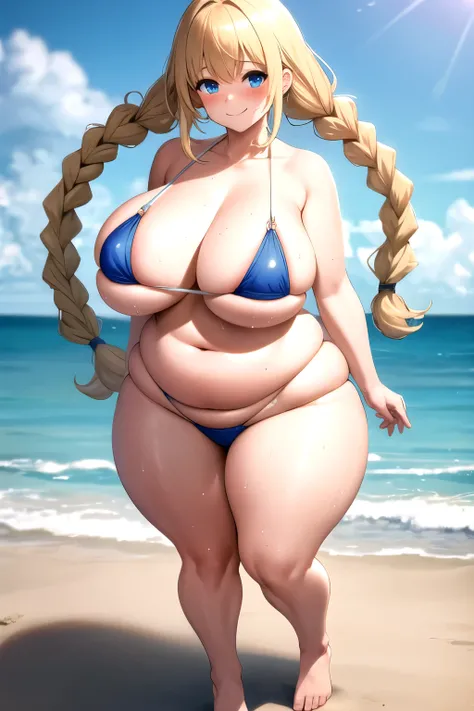 ((best quality)), ((masterpiece)), (detailed), perfect face , 1girl , solo , fat breasts , looking at viewer , blush , smile , bangs , blue eyes , blonde hair , navel , closed mouth , standing , collarbone , thighs , sweat , huge breasts , twin braids , bl...