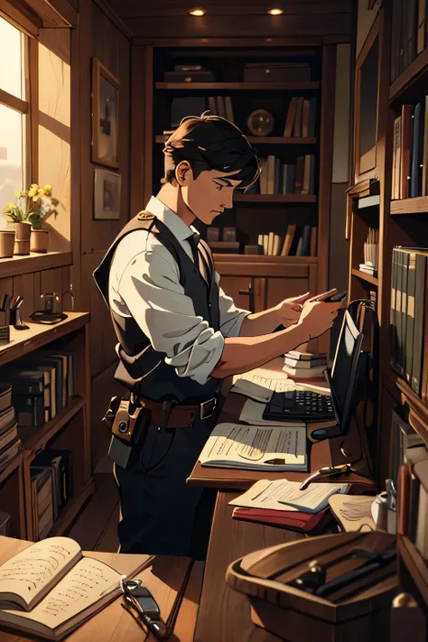 ((best quality)), ((masterpiece)), (detailed), The Detective, male, village office, detective tool kit 🕵 