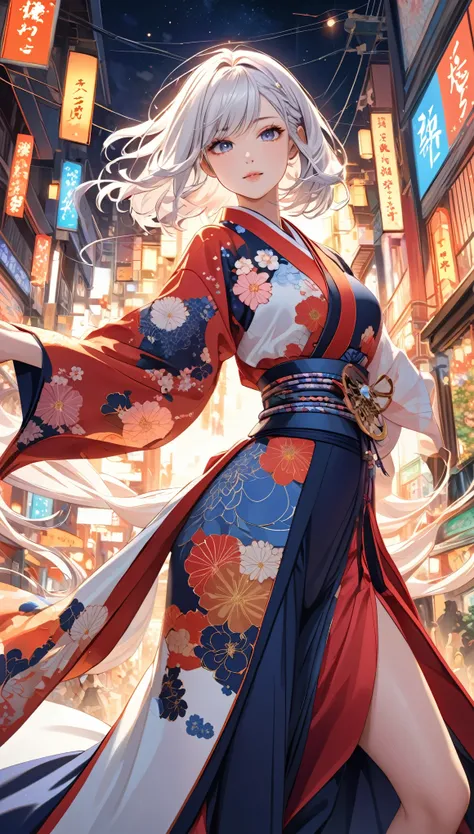 Illustrate a new portrayal of an anime girl with an immaculate hourglass figure, white hair, and brown Japanese skin, presenting herself in another unique, dynamic pose. She is adorned in a kimono, which is elegantly designed to accentuate her curves and g...