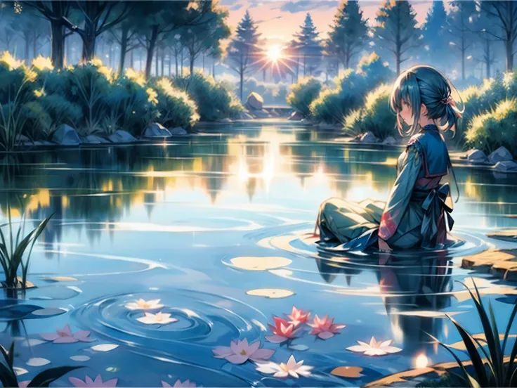 pond at dusk、girl sitting by the pond、Sad look、sunset