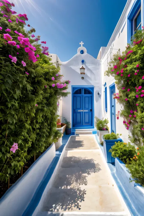 arafed view of a village with a blue door and flowers, santorini, in santorini island, mediterranean island scenery, greece, beautiful place, mediterranean city, in a mediterranean lanscape, greek fantasy panorama, greek setting, whitewashed buildings, ric...