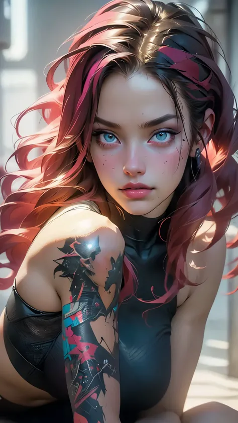 full body long shot:1.4, ((ultra detailed sensual and beautiful young woman)), sensual smile, with a tattoo on her arm and cheek, beautiful and modern hairstyle with a lock of pink hair, beautiful cyberpunk girl, beautiful face cyberpunk girl, dreamy, ((be...