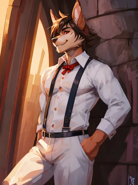 Handsome white rabbit, big ears, tall, red eyes, white shirt, suspender, black suspenders, formal suit, Por mystikfox61