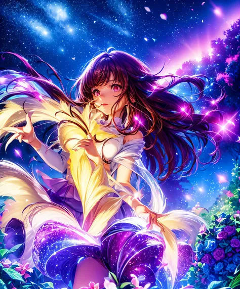 Describe a scene where a cute girl character is lying on a grassy hill, Looking up at the starry sky. Surround her with colorful nebulae and her favorite constellations.