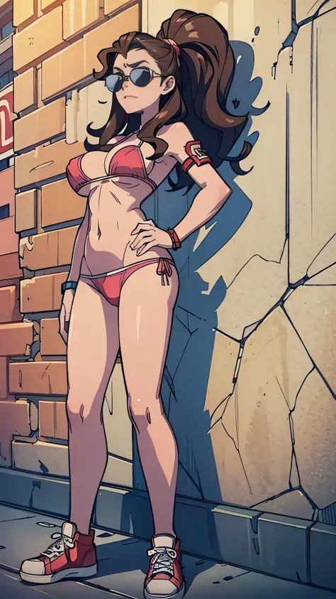 Masterpiece, best quality, Masterpiece, best quality, 1 woman, wavy brown hair, sunglasses , sly face , pink bikini , abdomen, big breasts , Long legs ,canvas shoes , stand on your hips , wall , tall building