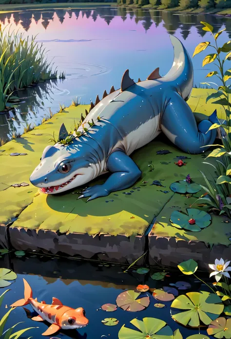 (best quality,4k,highres),(creepy,unsettling) monsters, bright colors, (half shark,half toad) lurk, (shores,edges,sides,banks) of evening pond,dusk pond,hunting,searching,stalk,(small,upcoming)carnivorous),waiting for rodents,mice,rats,small mammals,to eat...