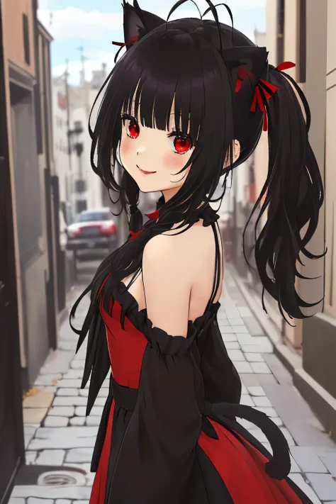 parte maestra, Mejor calidad, Altas, 1 chica, Aakurumi, ,((long hair slightly wavy slightly past the shoulders, black bangs, small black pigtails on the sides, cute cat ears, beautiful thin red eyes)),, banda para el cabello, heterochromia, pechos medianos...