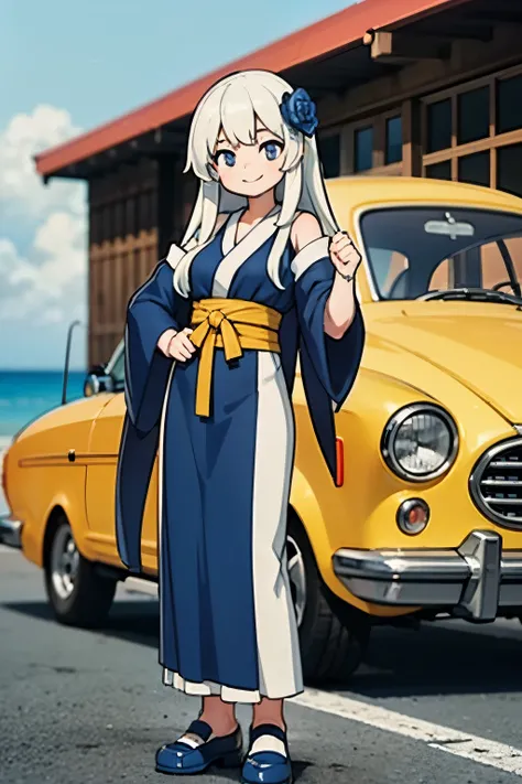 Octane Render、(Hyper-detailing: 1.15)、(Soft light、sharp: 1.2)、morning、 posing in front of colorful EV in parking lot near beach, Traditional costumes、Distinctive ethnic hair ornaments、Characteristic ethnic shoes、 Fuji Film, F/4.0, masutepiece, Anatomically...