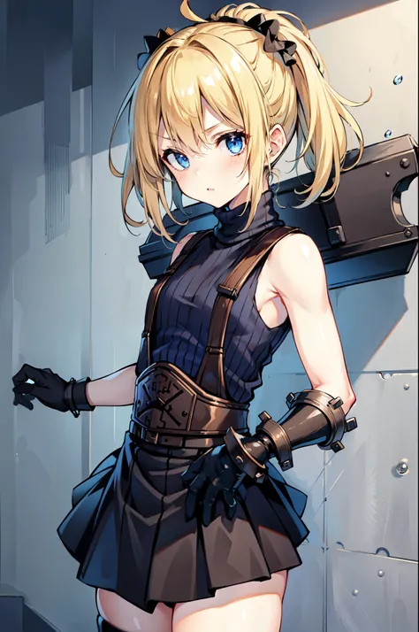 (masterpiece, best quality:1.2), expressive eyes, perfect face, highres, 1 girl, solo, (small:1.5), kids, (female:1.5), strife, blonde hair, shoulder armor, sleeveless turtleneck, suspenders, belt, gloves, bracer, blushing, surprised face, standing, portra...