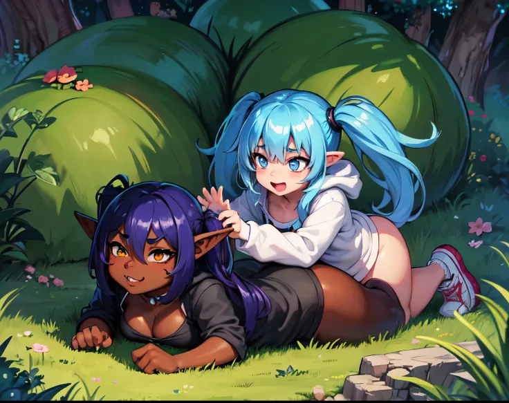 goblin girl, blue hair, very long hair, dark_ skin, dark skin goblin, wide body, very dark skin girl, busty, hair between eyes, twintails, chubby, chubby girl, chubby girl goblin, wide hips, blue eyes, mole, mole on chest, age up, lips, big lips, thick eye...