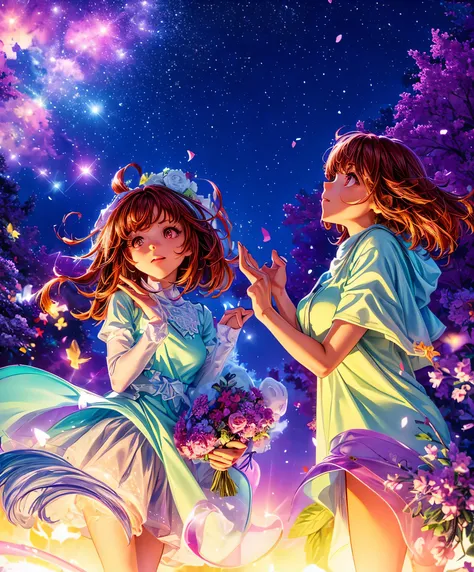 Describe a scene where a cute girl character is lying on a grassy hill, Looking up at the starry sky. Surround her with colorful nebulae and her favorite constellations.