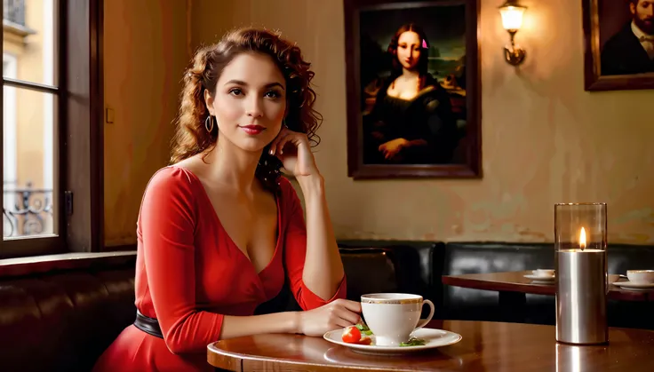 Photorealistic, Studio photo, a 50-year-old sexy woman in a very short, tight-fitting red dress with short, rare, light curly hair drinking hot tea, one leg crossed over the other. She is contemplating divorce from her husband. On the table, there is a pla...