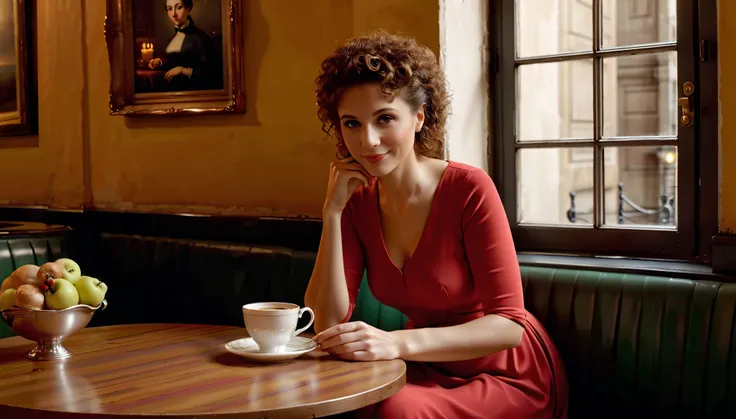 Photorealistic, Studio photo,  a 50-year-old woman in a very short, tight-fitting red dress with short, rare, light curly hair drinking hot tea, one leg crossed over the other. She is contemplating divorce from her husband. On the table, there is a plate w...