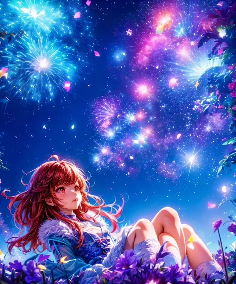 Describe a scene where a cute girl character is lying on a grassy hill, Looking up at the starry sky. Surround her with colorful nebulae and her favorite constellations.