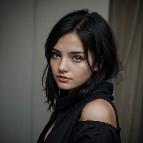 Black hair girl with blue eyes, cold look, in black dress