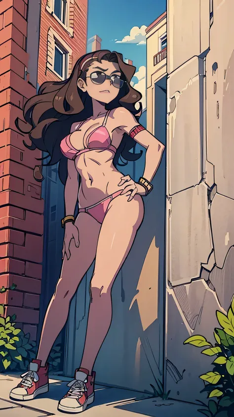 Masterpiece, best quality, Masterpiece, best quality, 1 woman, wavy brown hair, sunglasses , sly face , pink bikini , abdomen, big breasts , Long legs ,canvas shoes , stand on your hips , wall , tall building