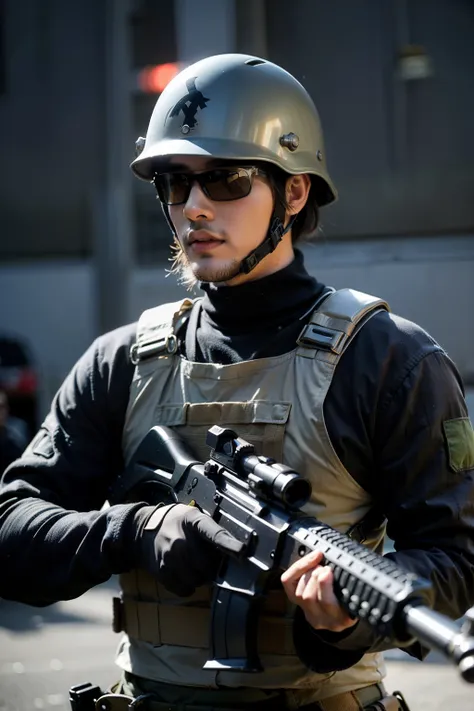 A head wearing a tactical helmet，Wearing body armor and ammunition rack，holding assault rifle，A male warrior armed to the teeth