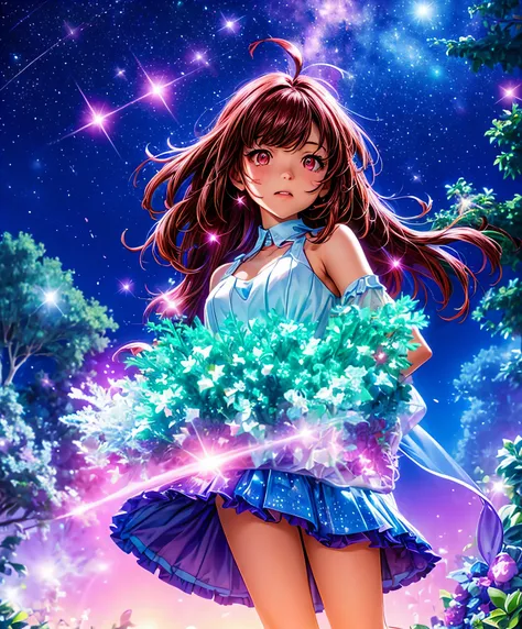 Describe a scene where a cute girl character is lying on a grassy hill, Looking up at the starry sky. Surround her with colorful nebulae and her favorite constellations.