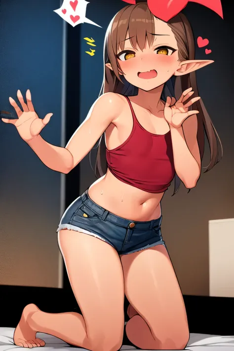 2D，highest quality，(masterpiece)，(full body)，semi-long，straight hair，brown hair，1 girl，young，small ears，healthy dark skin，黒のdenim hot pants，Tank top，barefoot，barefoot，attractive thighs，butt，Plump figure，(red ribbon on head)，share，Bedroom，get drunk，Sweat，Up...