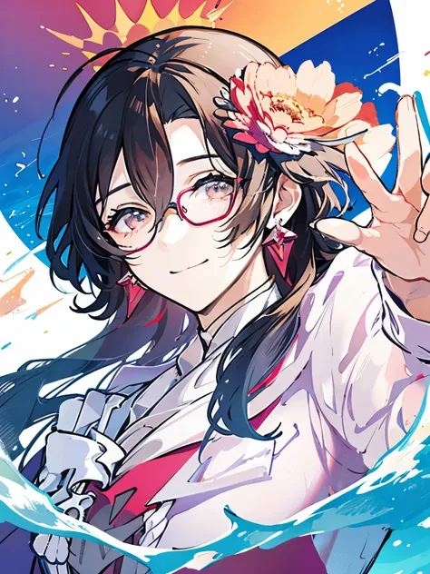 sensational face、magic effect、pink and orange pastel colors、red earrings、glasses、wizard、detailed、muste piece、in water、ripples on...