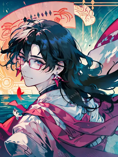 sensational face、magic effect、pink and orange pastel colors、red earrings、glasses、wizard、detailed、muste piece、in water、ripples on...