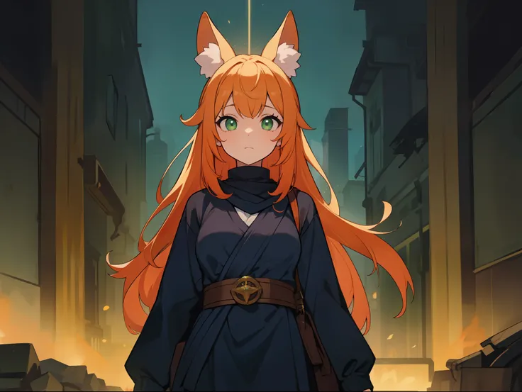 ((solo)), (female), solo, long hair, straight hair, orange hair, fox ears, fox tail, green eyes, green royal robes, smooth body, ((standing)), blue aura, royal palace setting, ((dark room)), Very good figure, cinematic lighting, volume lighting, bright ton...