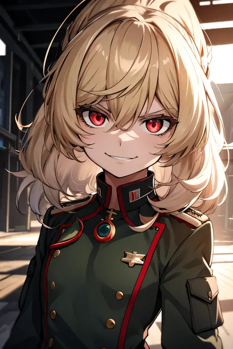 (masterpiece, best quality: 1.1), 1girl solo, tanya, 1girl, solo, , flat chest, small breasts, curvy, military, military uniform, ,, evil smile, wicked expression, anger, red eyes, neutral lighting