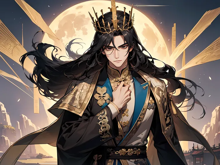 Masterpiece, Best quality, Night, full moon, 1 man, Mature man, Ancient China, Chinese palaces, eagle, Black hair, Black eyes, Split ends of hair, Long hair, Long bangs, Handsome, Diao noodles, chinese crown, Handsome, Masculine, Serious, gentle, Tall, cal...