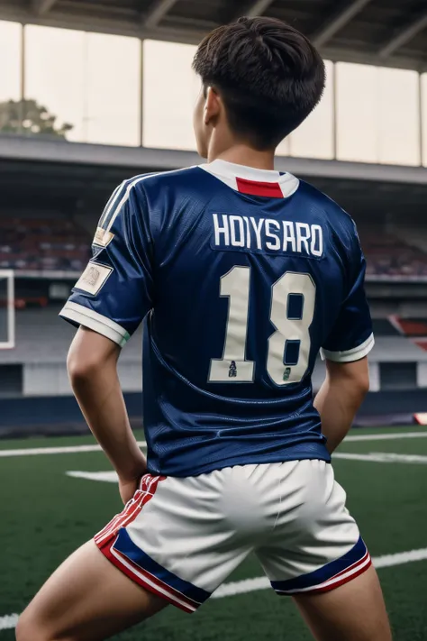 (best quality,4k,8k,highres,masterpiece:1.2),ultra-detailed,realistic:1.37,portrait,Japanese teenage boy,football jerseys,shorts,back to the camera