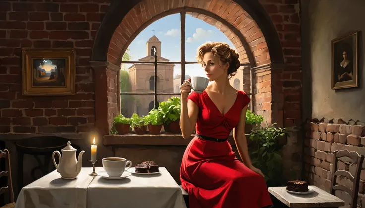 modern world, An oil painting in the style of Camille Corot depicts a 50-year-old woman in a very short, tight-fitting red dress with short, rare, light curly hair drinking hot tea, one leg crossed over the other. She is contemplating divorce from her husb...