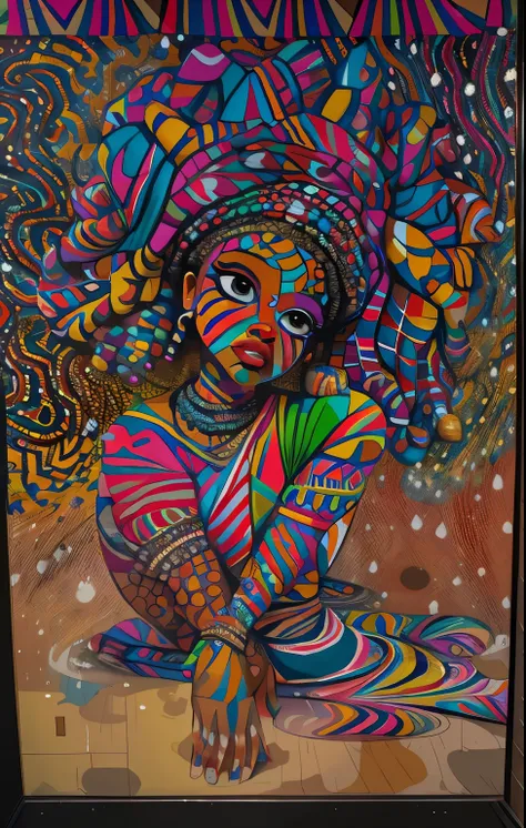 painting of a black woman with large afro braided hair and a turban in the form of paintings of drops and stars in “FOOT” on the floor graffiti art in the vision of eduardo kobra and ROMERO Brito and the twins and kishi Nishimura in ultra realistic and dyn...