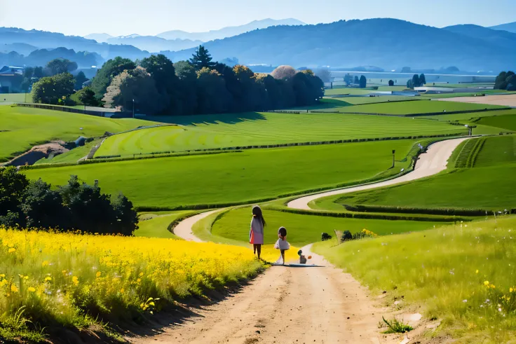 (The best quality, masterpiece, cartoon style, 4k high-resolution wallpaper). The lovely girl and little sisters carrying the main basket walked on the dirt road of the paddy field in the countryside, with colorful flowers and detailed illustrations of fac...