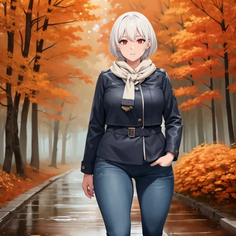 a woman wearing a cold coat, with a cold scarf around her neck, jeans, short white hair, red eyes, walking in an autumn forest, ...