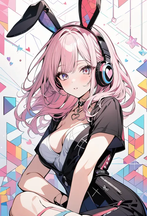 ,beautiful flower々）,mole under eye, heart shaped choker, (masterpiece, highest quality), official art, beautiful and aesthetic: 1.2), (1 girl), very detailed, (geometry art: 1.3), colorful,headphones,DJ、Pink bob hair、rabbit ears