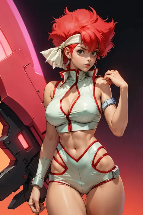 Kei from The Dirty Pair, , wearing a tight outfit, skimpy, medium breast, red hair beauty, cyberpunk city background, holding retro space-gun, headband, slim waist, slim thighs, thigh gap