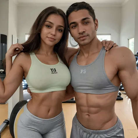 Um casal, a  tem 18 anos, cabelos pretos e lisose olhos castanhos, de pele parda, nacionalidade brasileira, essa  tem um corpo muito bonito, with a piercing in her navel and is wearing a tank top and gym shorts. O homem tem 18 anos, olhos pretos, cabelos p...