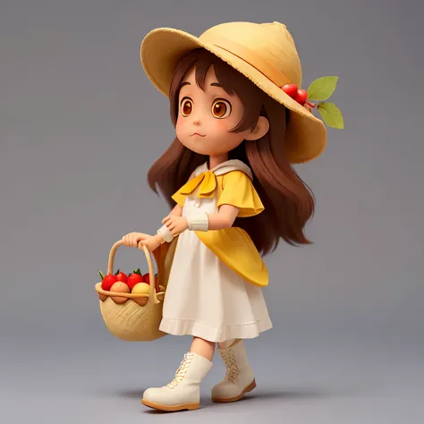 little hat, long hair, light brown, white skin, with white blouse, yellow skirt, brown boots, red hood, carrying a basket with fruits, white background