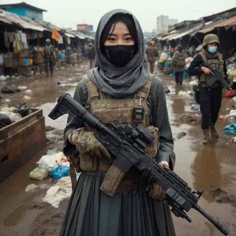 beautiful Korean female spirit wearing a long gown closed politely, wearing a hijab, wearing a black mask, sturdy body, women was walking, wearing a military vest,holding a PKM machine gun,the location of a muddy Indian market full of rubbish, The photo qu...