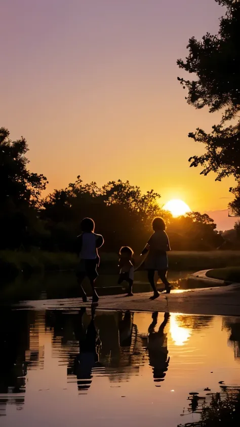 (a big sun,big sun,glowing,golden) reflected on the calm surface of the (pond), casting a warm and vibrant glow. It was (dusk), and the tranquil scene was filled with hues of orange, pink, and purple. In the distance, a dense grove of (trees) stood tall, t...