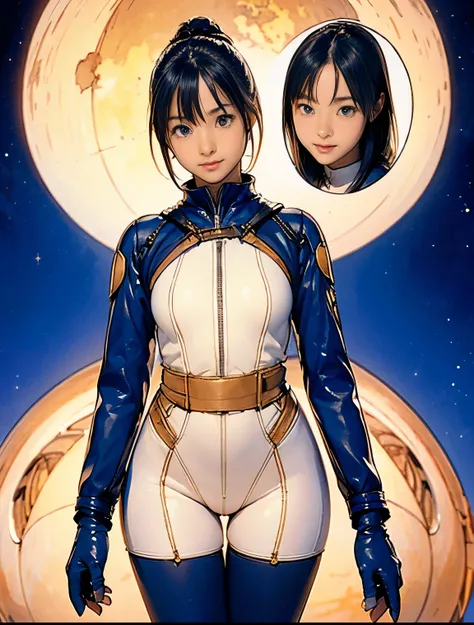 (masterpiece、best quality、Highest resolution、Clear_image、detailed details): (full body picture、15 year old girl、Japanese face、small face、thin、Navy blue super short bob、blue eyes、Blue and Black Shiny Aviator Suit、Armor that protects the chest、tight clothes、...