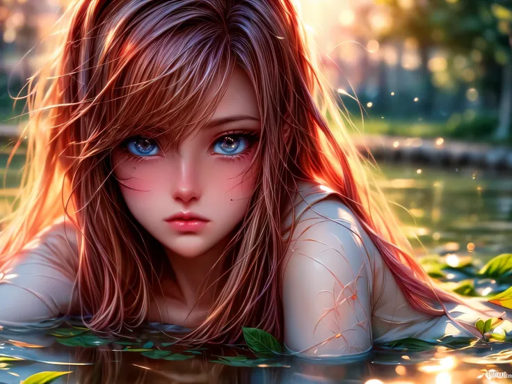 (best quality,4k,highres),sitting girl,detailed face,beautiful eyes and lips,sad expression,soft light,reflective pond,rustling ...