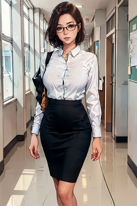 ((realistic light, best quality, 8k, masterpiece: 1.3)), 1girl, female teacher, slim beauty: 1.4, (brown hair,  short hair lengt...