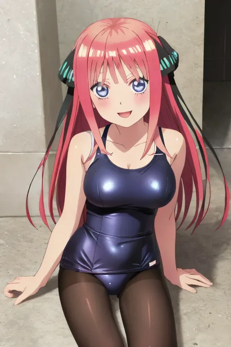 best quality, ultra-detailed masterpiece, anime art style, cute characters, nino nakano, smile, close mouth, one-piece swimsuit, breasts, pantyhose