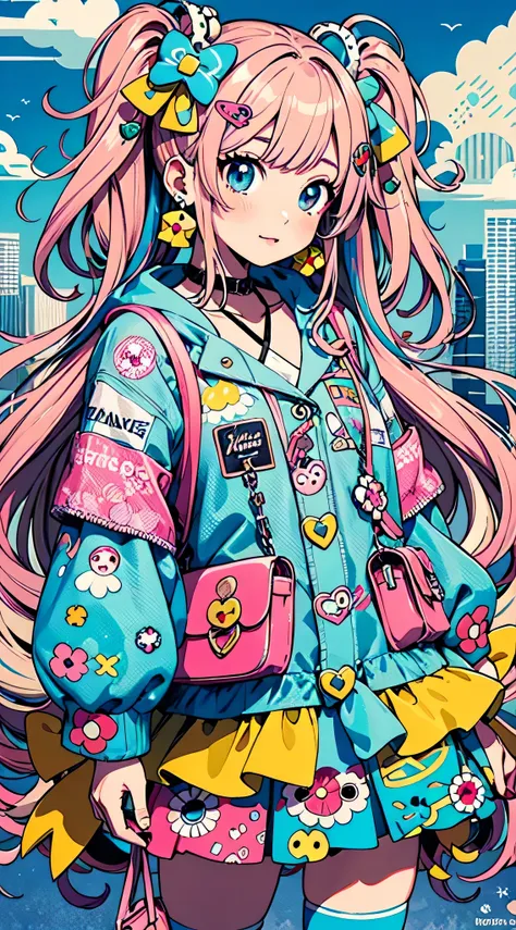 Takashi Murakami style、Anime girl with pink hair, blue jacket and pink purse, anime style 4 k, Decora style illustration, anime art wallpaper 4k, anime art wallpaper 4k, anime wallpaper 4k, anime wallpaper 4k, anime style. 8K, anime atmosphere, anime art w...