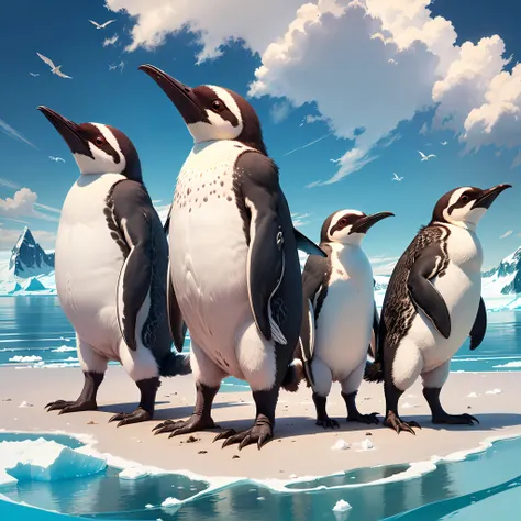 Antarctic penguins, March happily, On a vivid sea background, Cheerful and cheerful atmosphere, Adorable look,Brilliant movement, Energetic birds, Happy moments, Illustrations like picture books, Wide color palette, Bright sunshine, Clear blue sky,