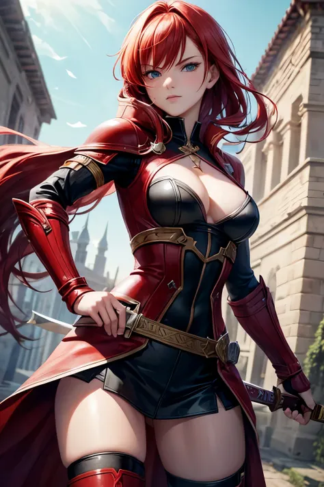 sexy red haired warrior wielding a broken sword looking at me