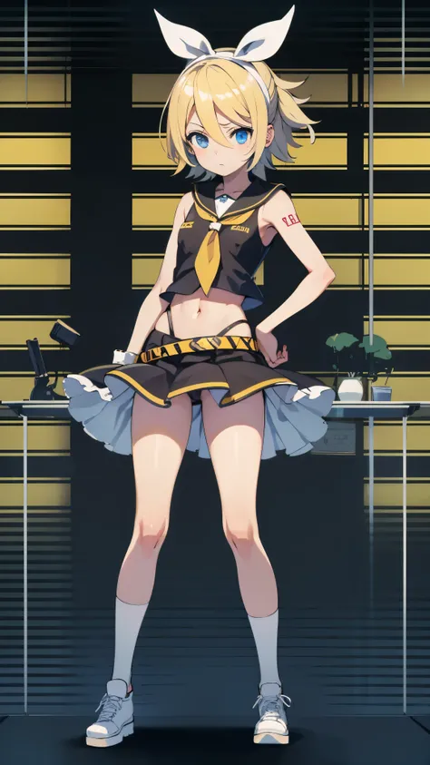 Kagamine rin , mini falda , bragas a la vista , rostro apenado , mejillas ruborizadas , viendo al espectador , imagen de cuerpo completo , (perfect body proportion)