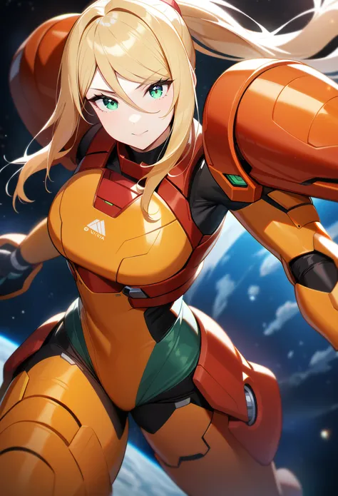 1girl,samus aran,solo,green eyes,blonde hair,orange power armor,ponytail,green arm cannon,red chest armor, big shoulder armor,co...